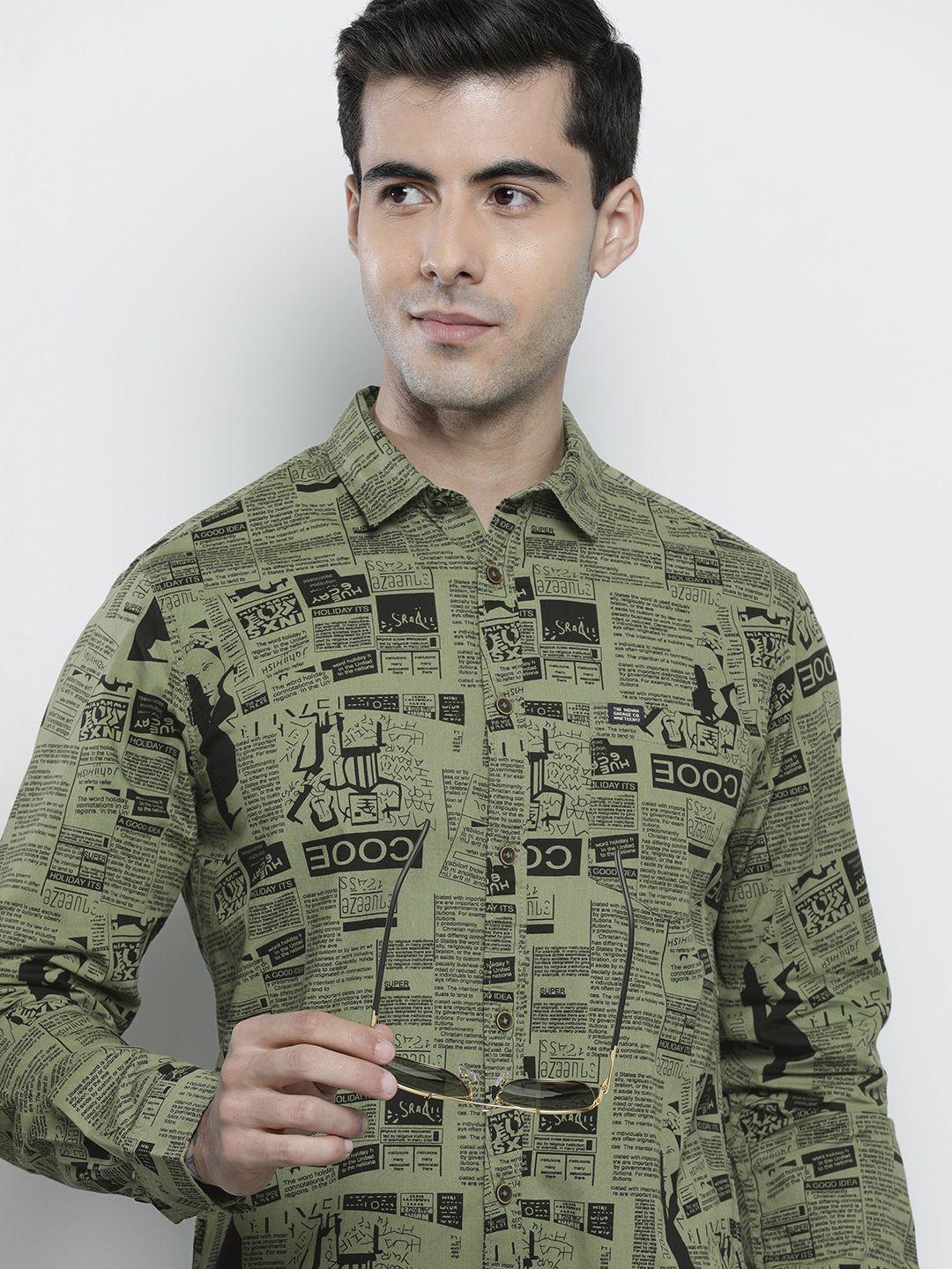 the indian garage co men olive green & black newspaper printed cotton shirt