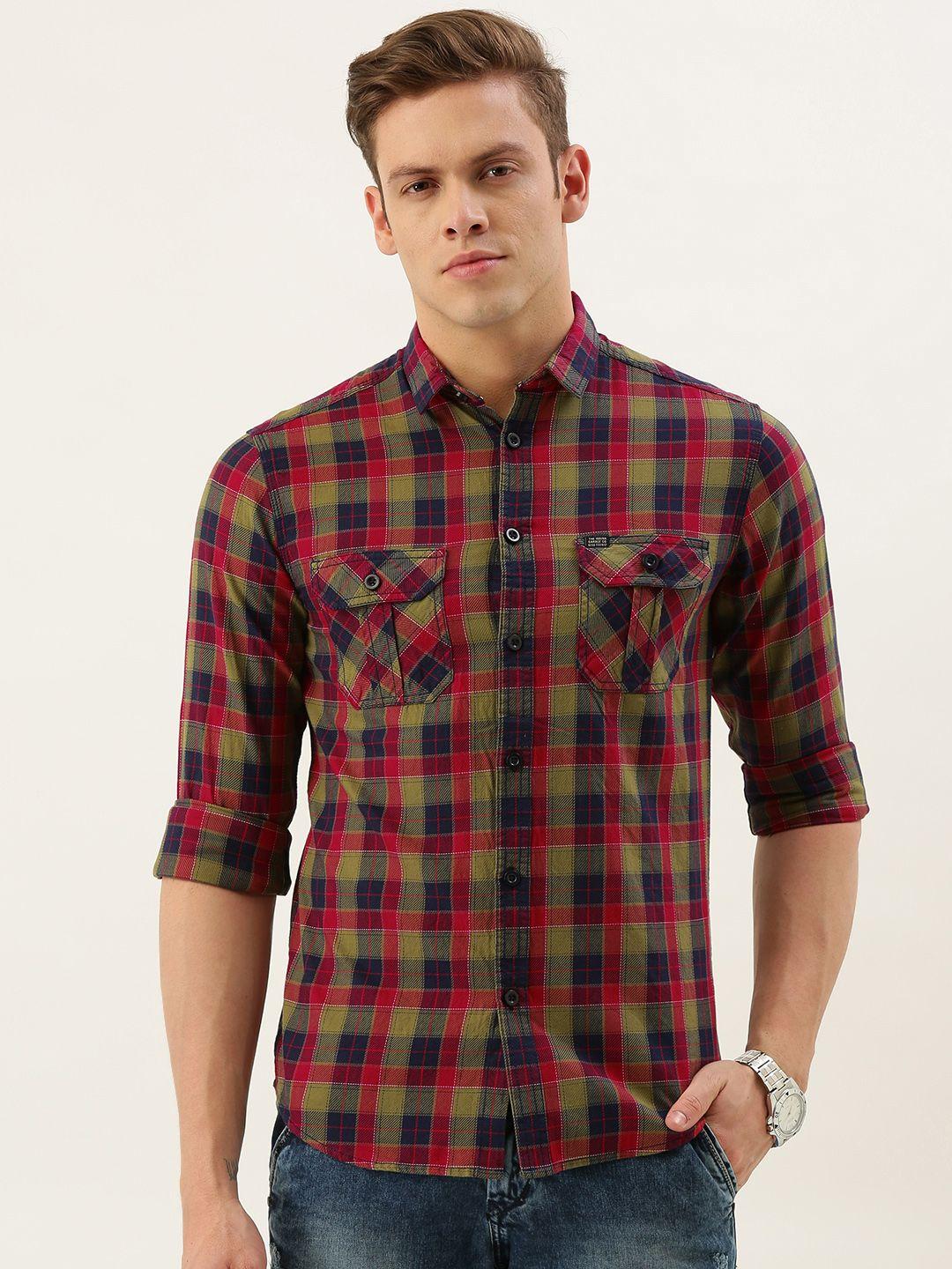 the indian garage co men olive green & red slim fit checked casual shirt