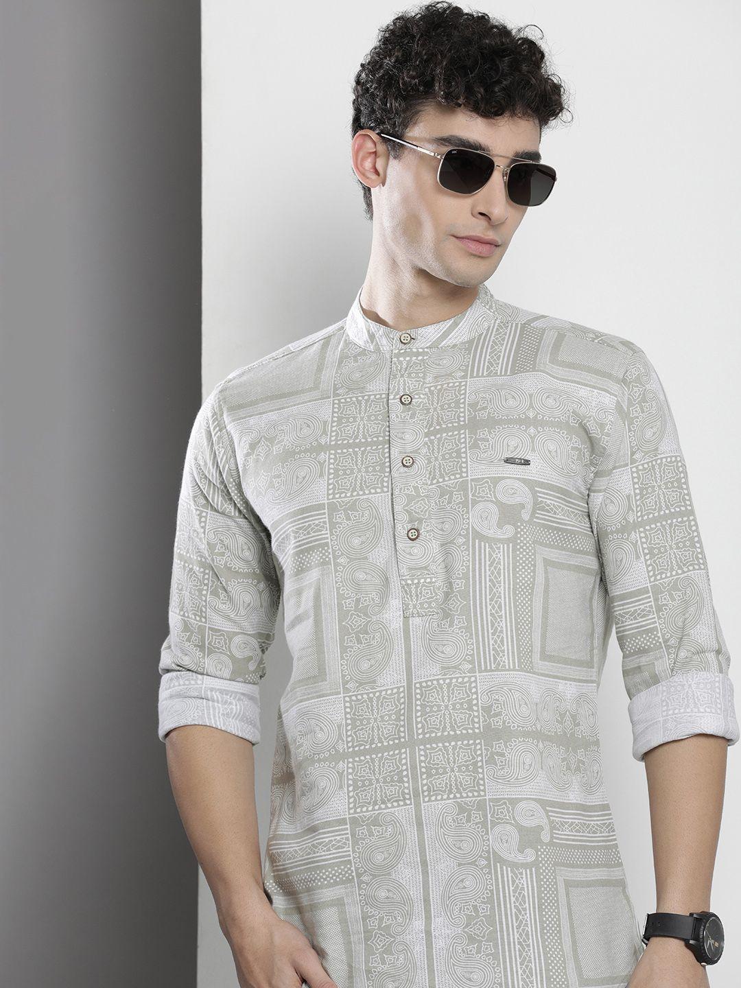 the indian garage co men olive green & white printed cotton casual shirt