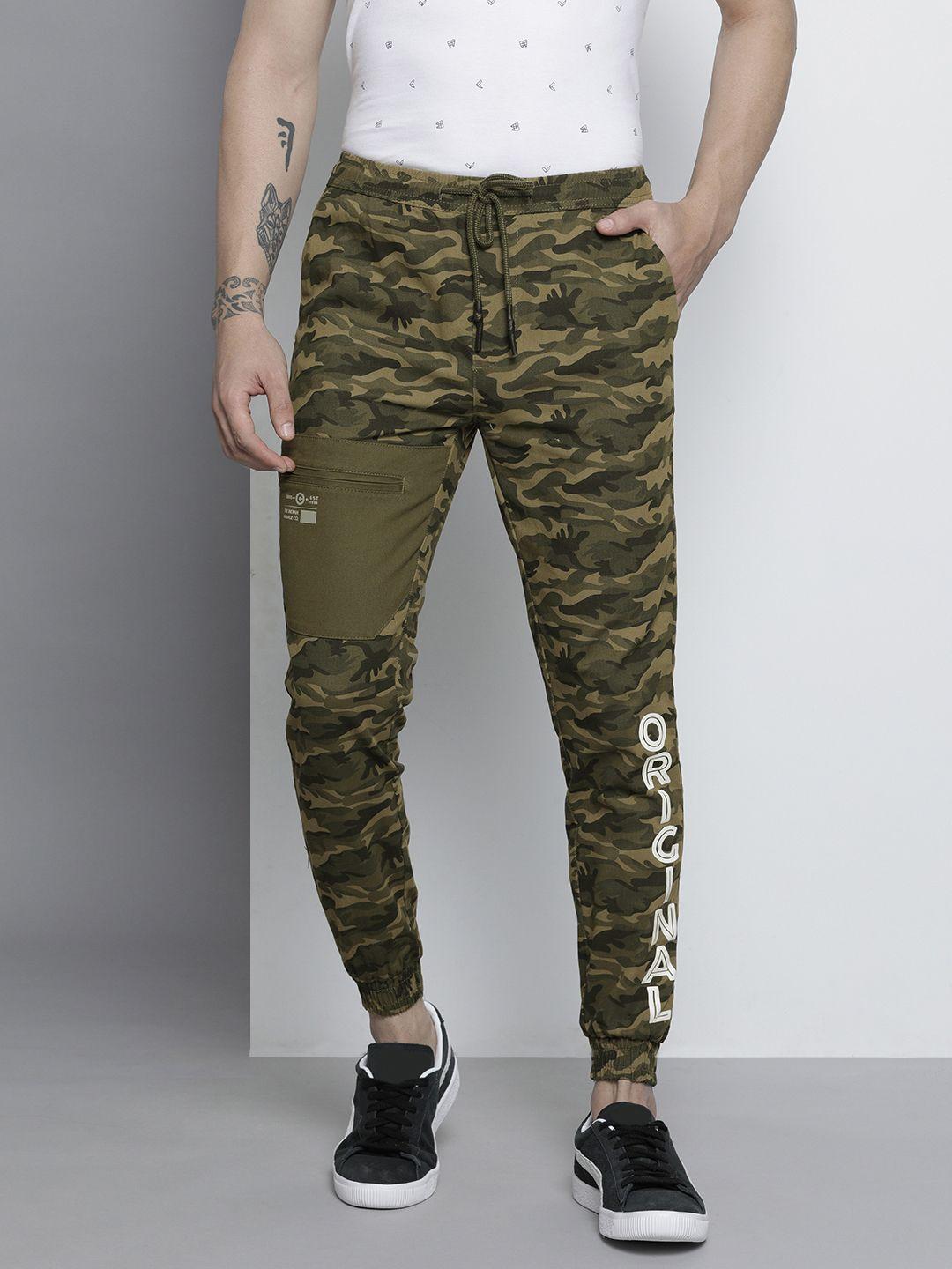 the indian garage co men olive green and khaki printed joggers