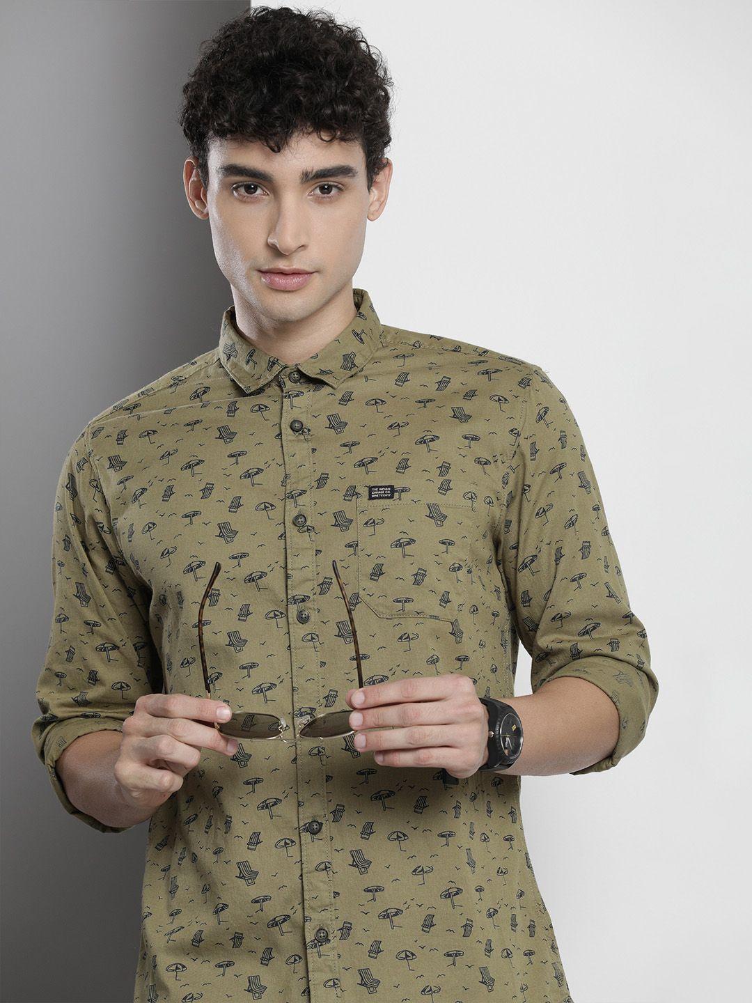 the indian garage co men olive green cotton printed casual shirt