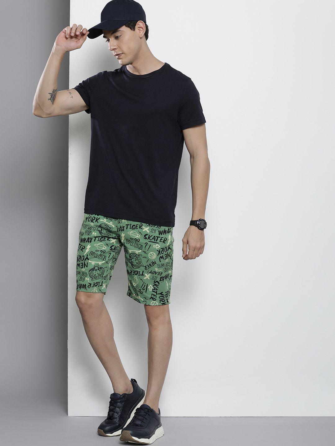 the indian garage co men olive green printed slim fit denim shorts