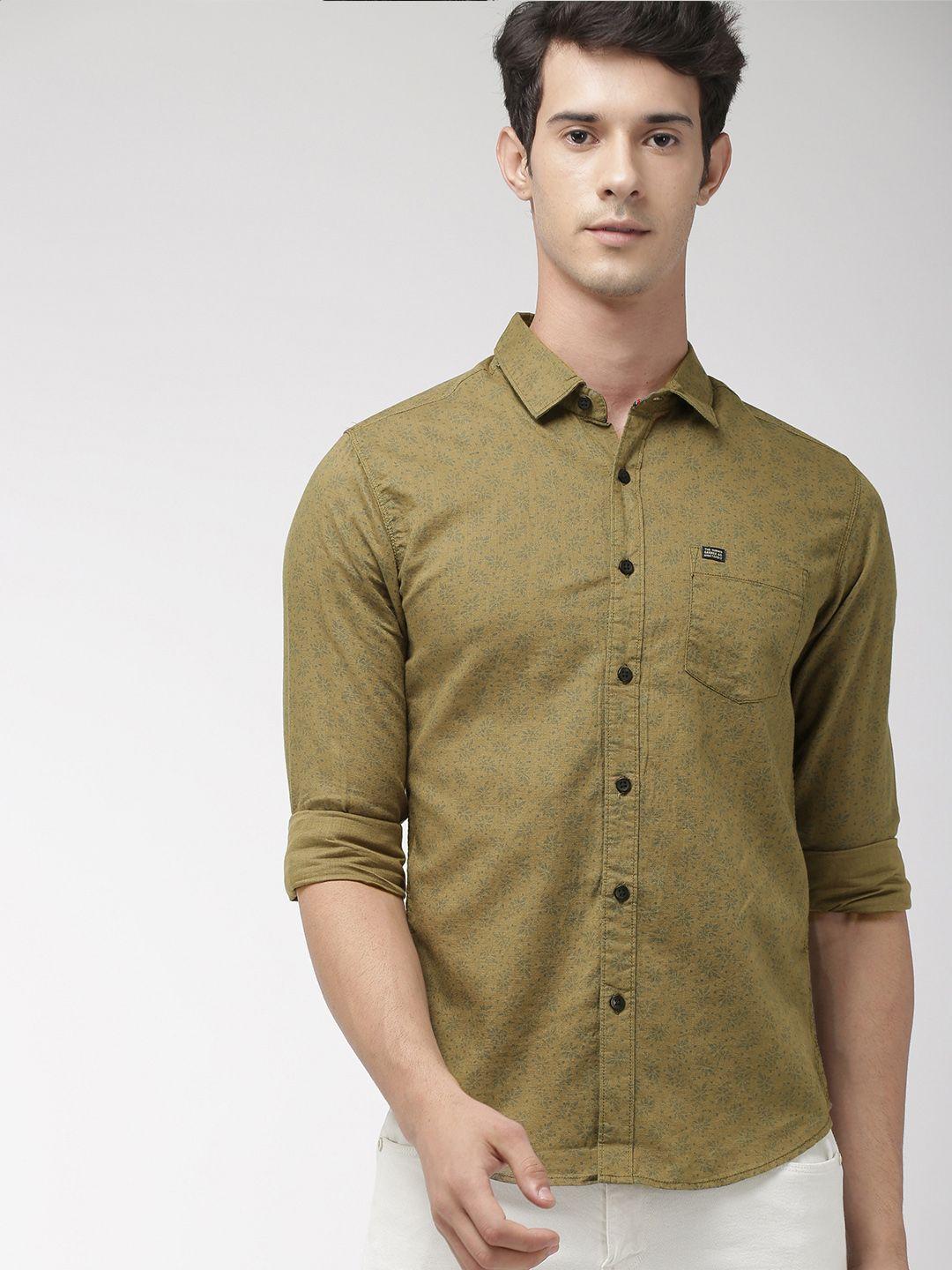 the indian garage co men olive green slim fit printed casual shirt