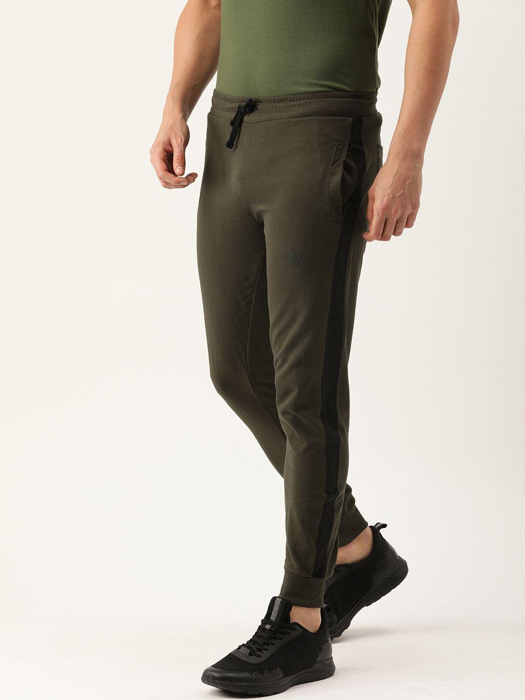 the indian garage co men olive green solid joggers with side stripe detail