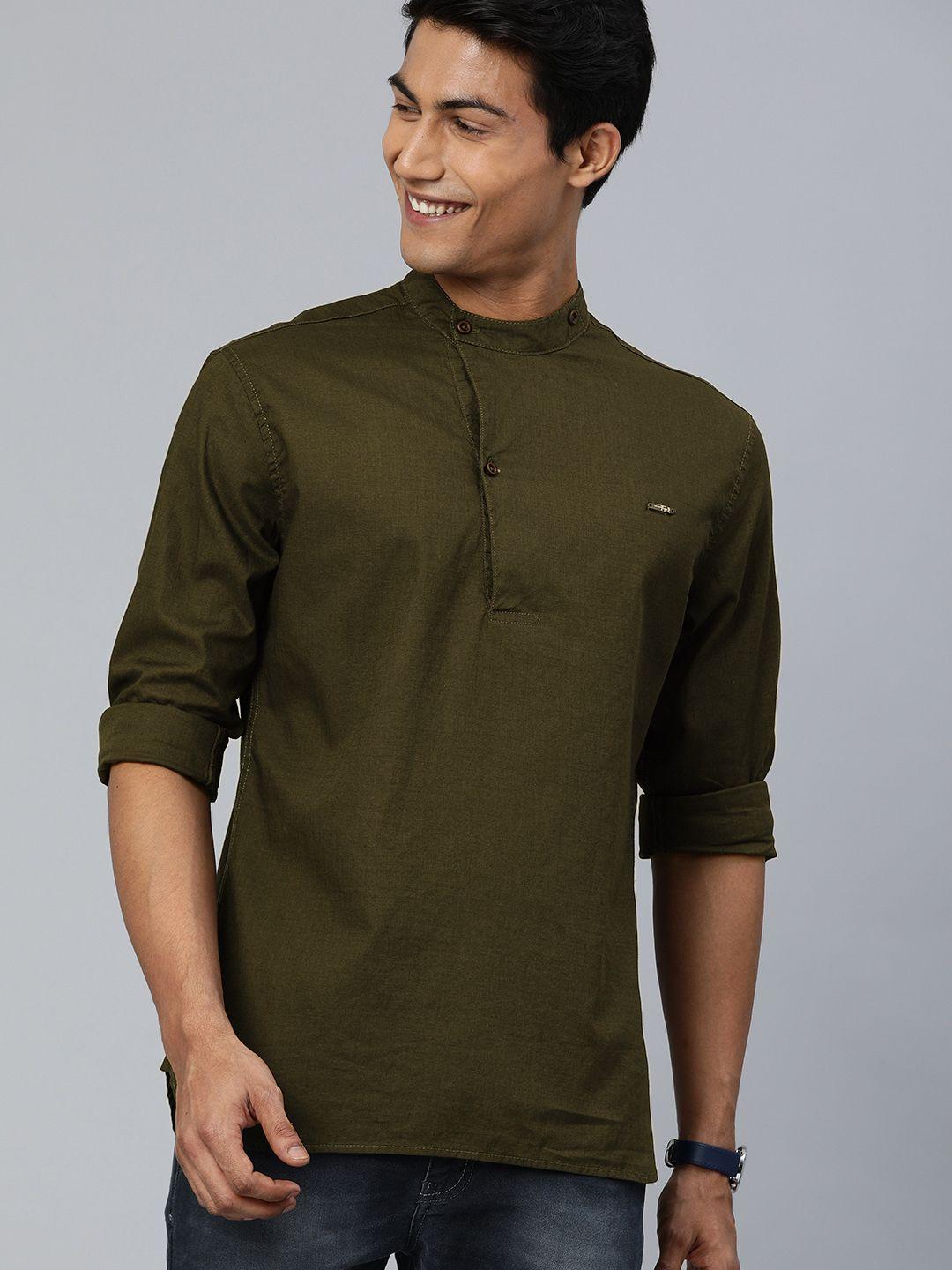 the indian garage co men olive solid short kurta