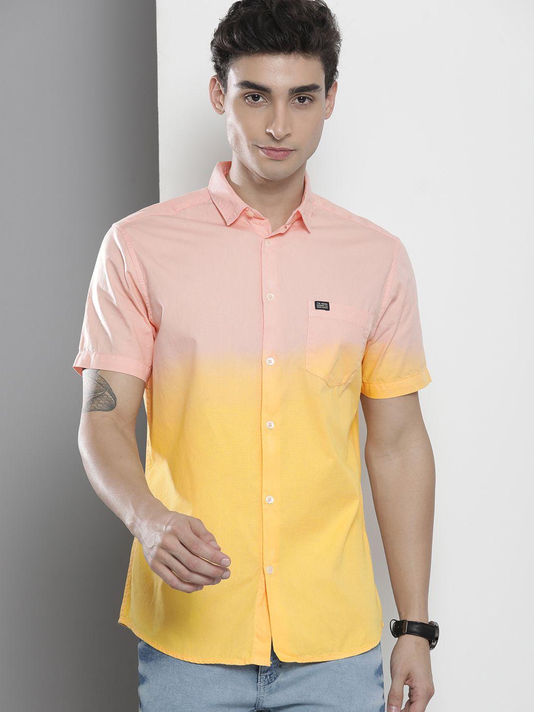 the indian garage co men orange & pink colourblocked casual shirt