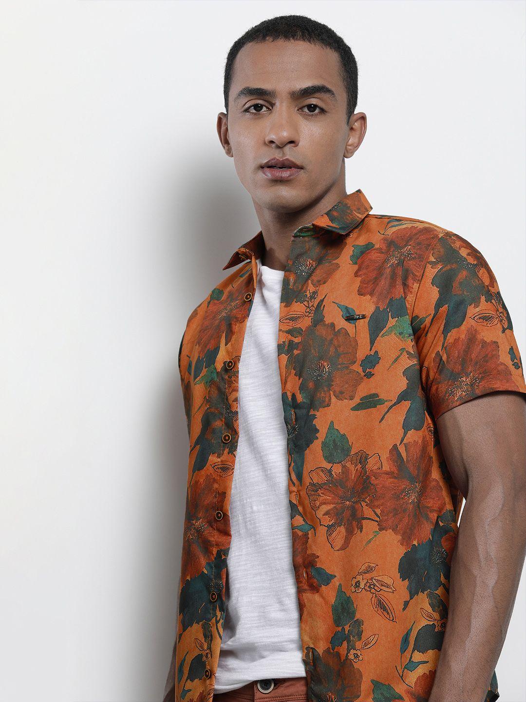 the indian garage co men orange floral printed casual shirt