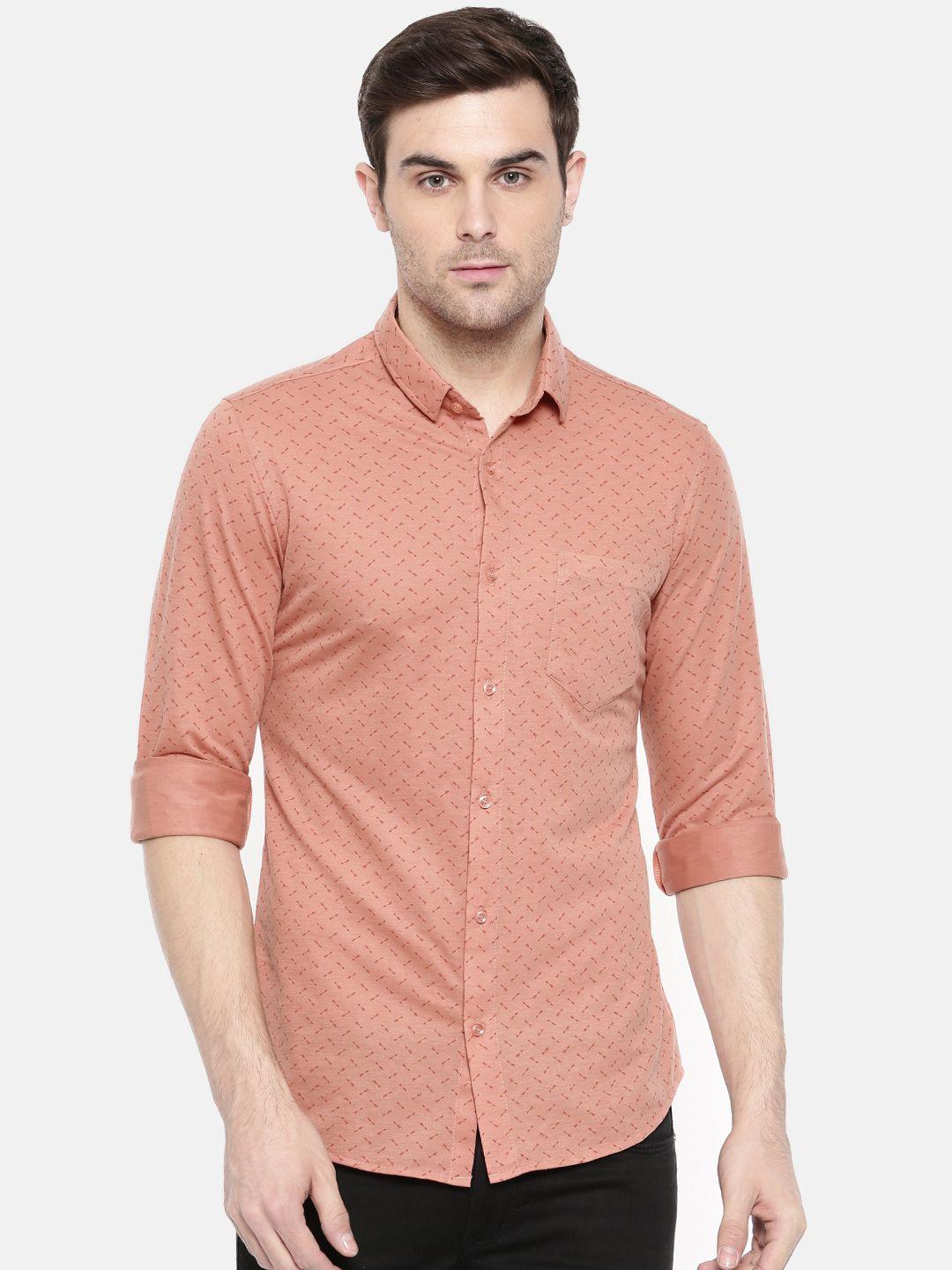 the indian garage co men orange slim fit printed casual shirt