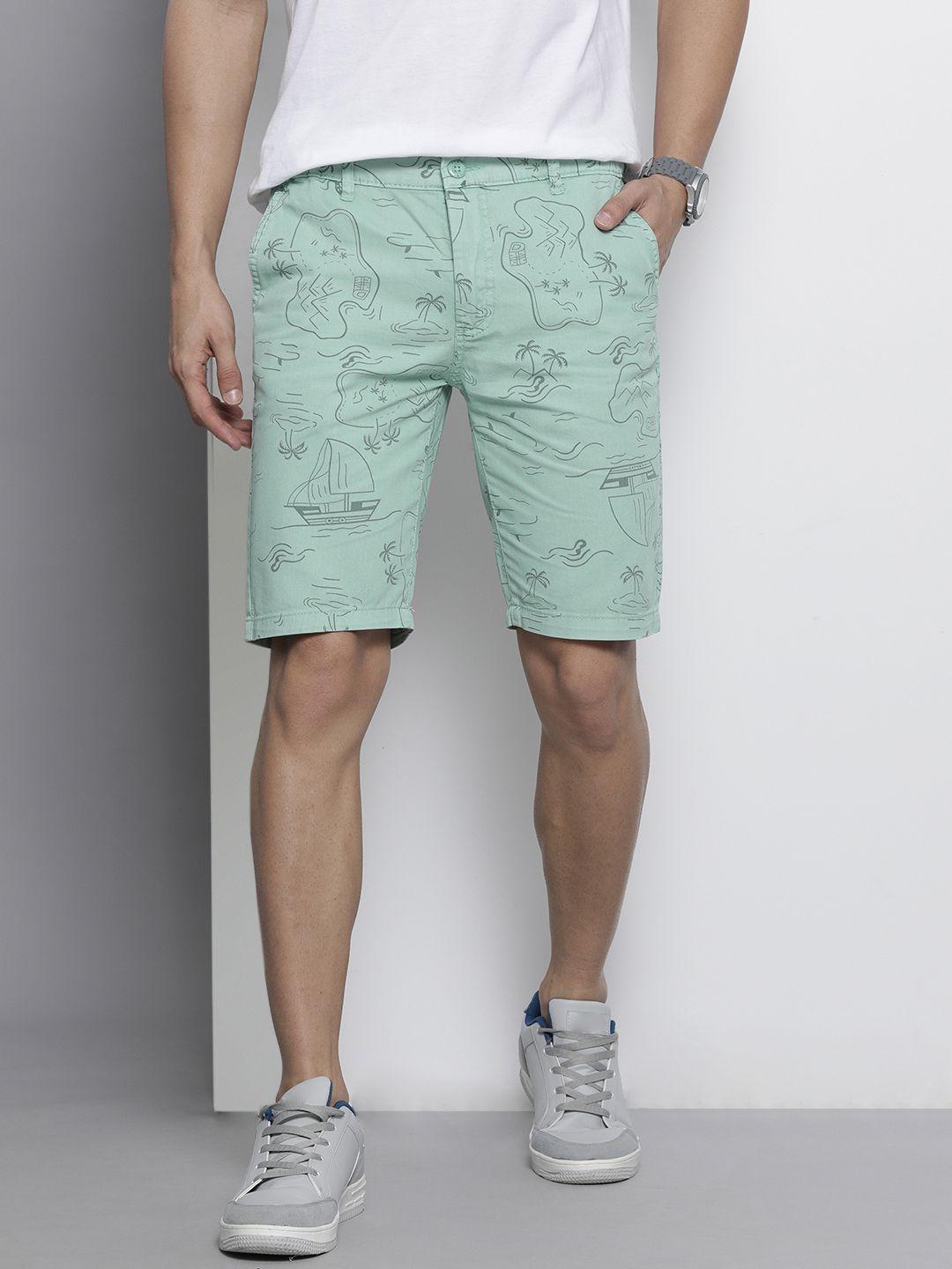 the indian garage co men pastel green printed slim fit cotton chino shorts