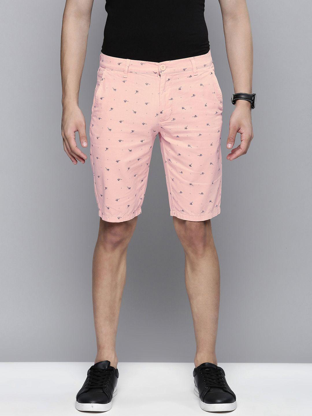 the indian garage co men peach-coloured printed slim fit regular shorts