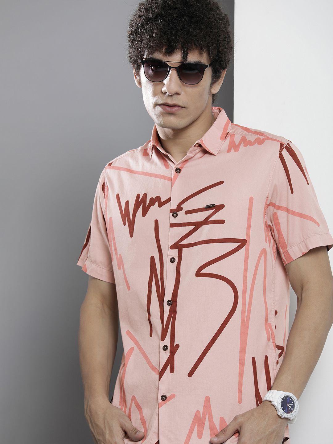 the indian garage co men pink & rust brown printed cotton casual shirt