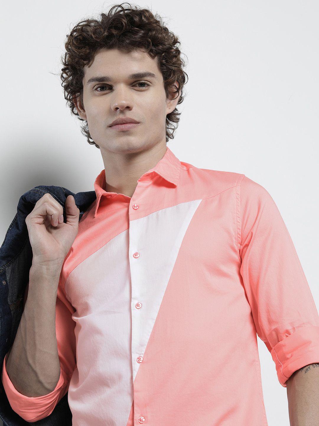 the indian garage co men pink & white comfort colourblocked cotton shirt