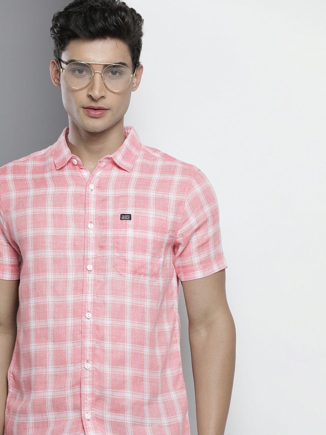 the indian garage co men pink checked casual shirt
