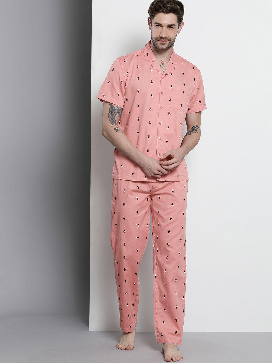 the indian garage co men pink printed pure cotton night suit