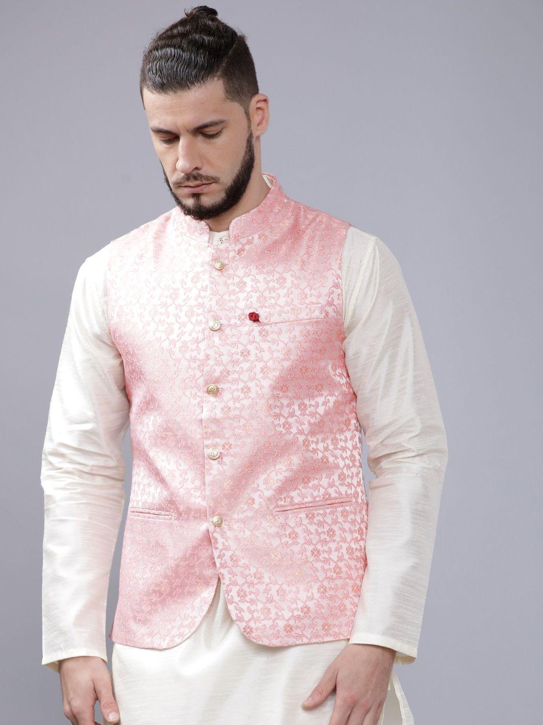 the indian garage co men pink woven design nehru jacket