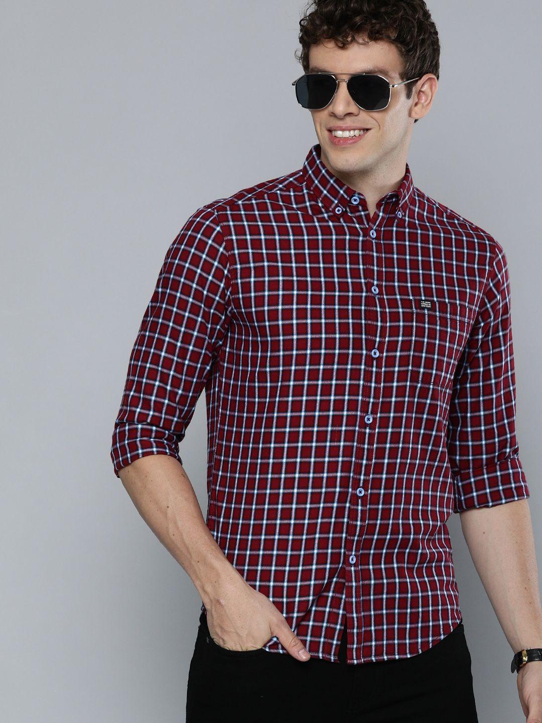 the indian garage co men red & blue slim fit checked casual shirt