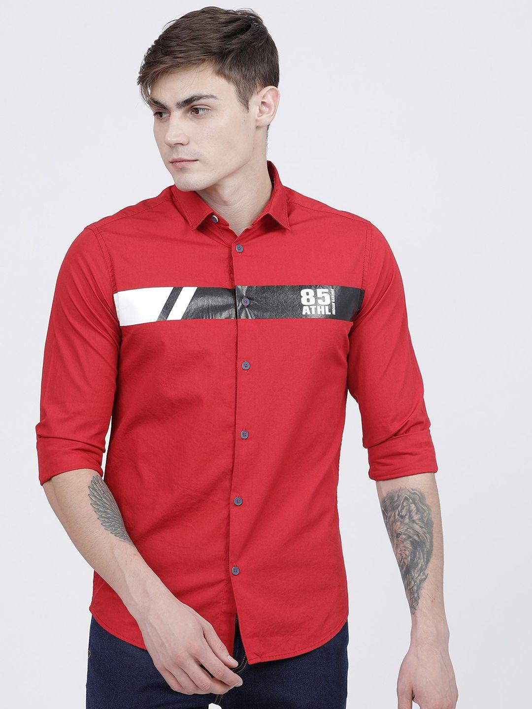 the indian garage co men red slim fit printed casual shirt
