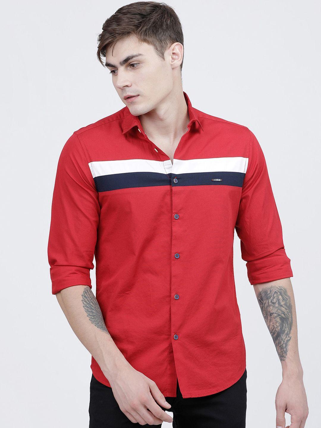 the indian garage co men red slim fit striped casual shirt