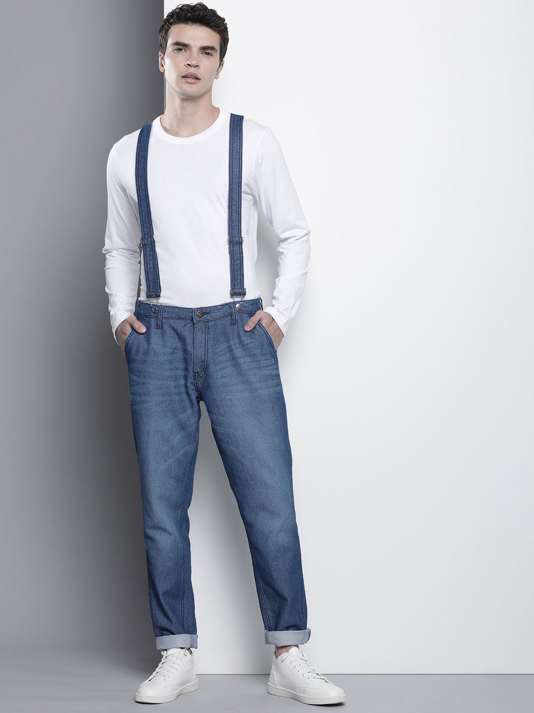 the indian garage co men relaxed fit light fade jeans with suspenders