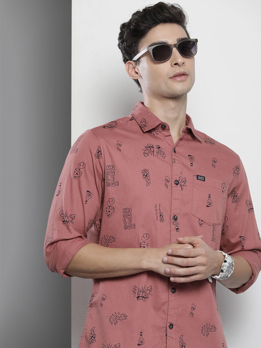 the indian garage co men rust red & black conversational printed casual shirt