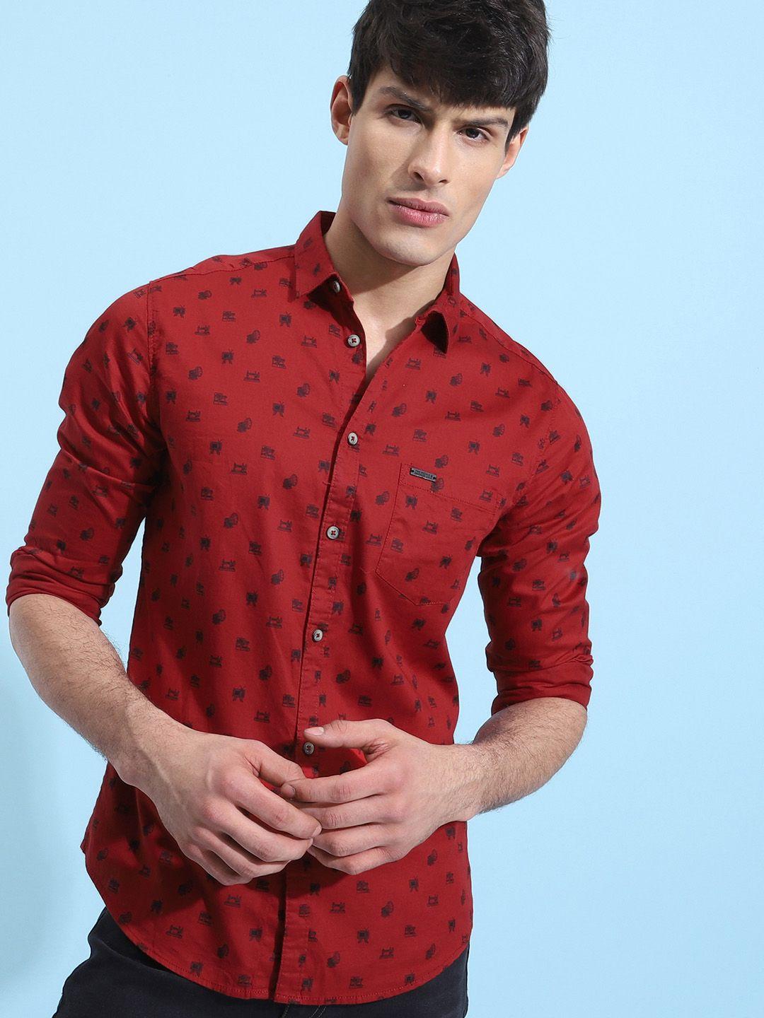 the indian garage co men rust red & black slim fit printed casual shirt