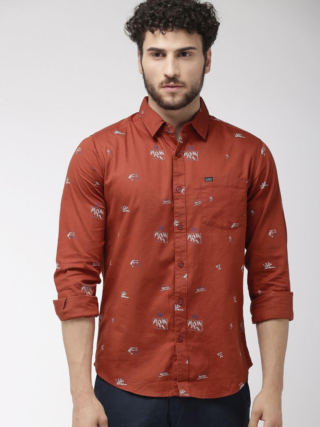 the indian garage co men rust red slim fit printed casual shirt