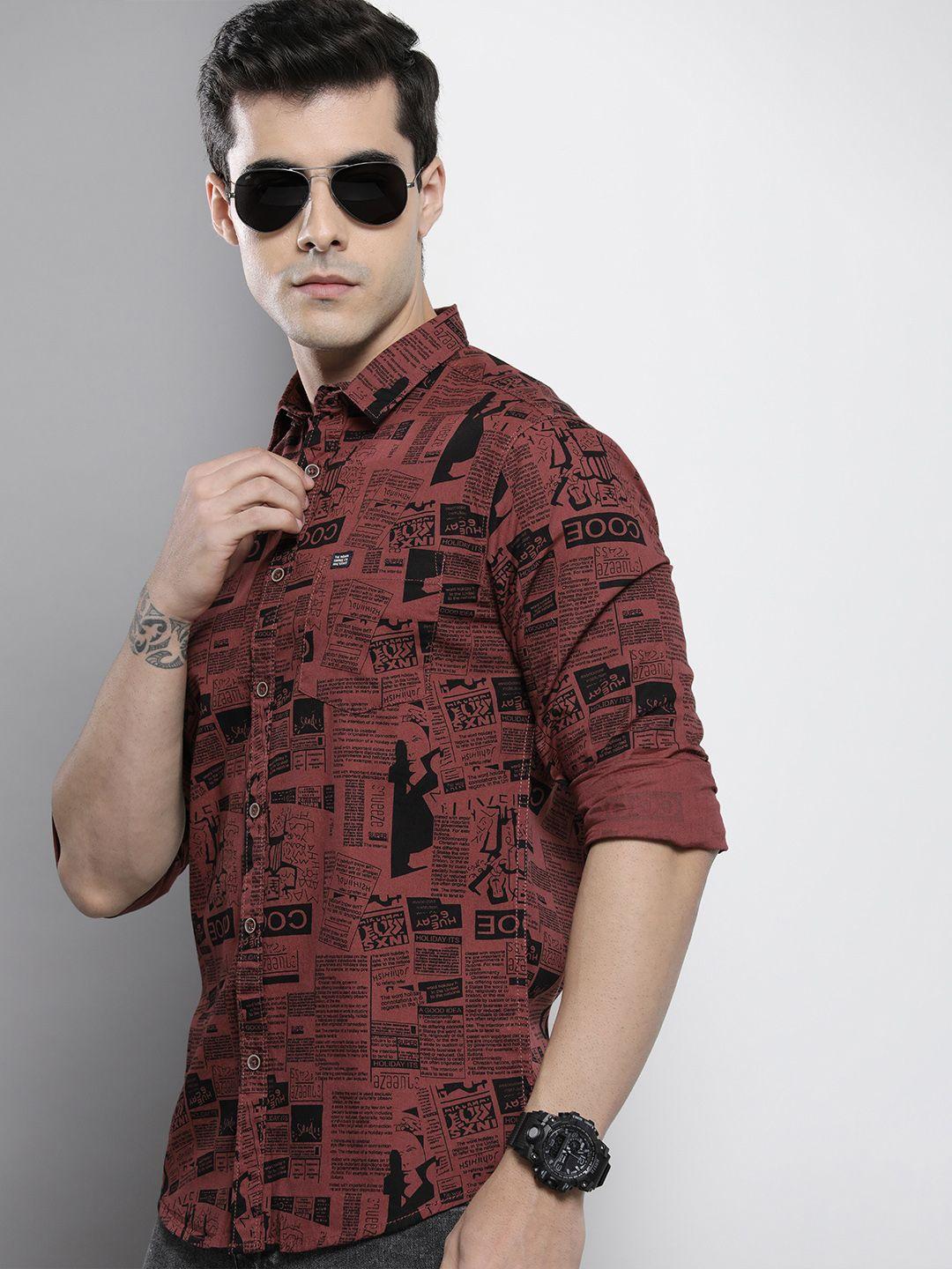 the indian garage co men rustic orange printed regular fit cotton casual shirt