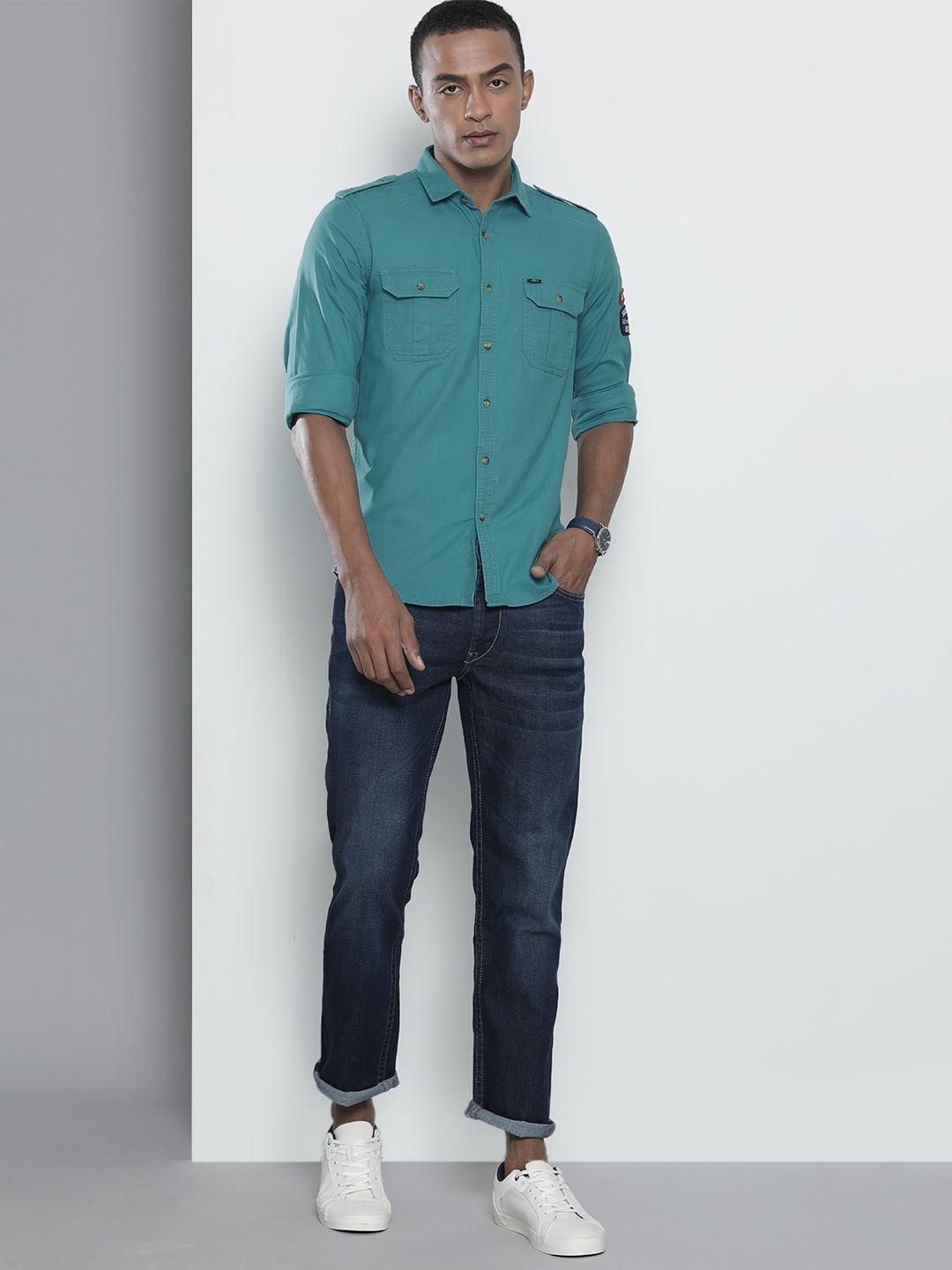 the indian garage co men sea green regular opaque solid casual shirt