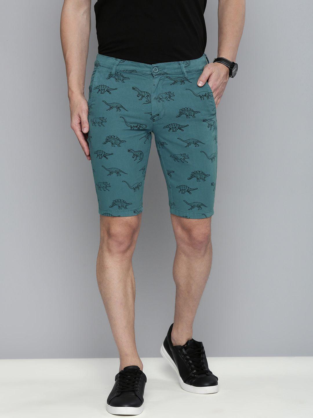 the indian garage co men teal animal printed slim fit chino shorts