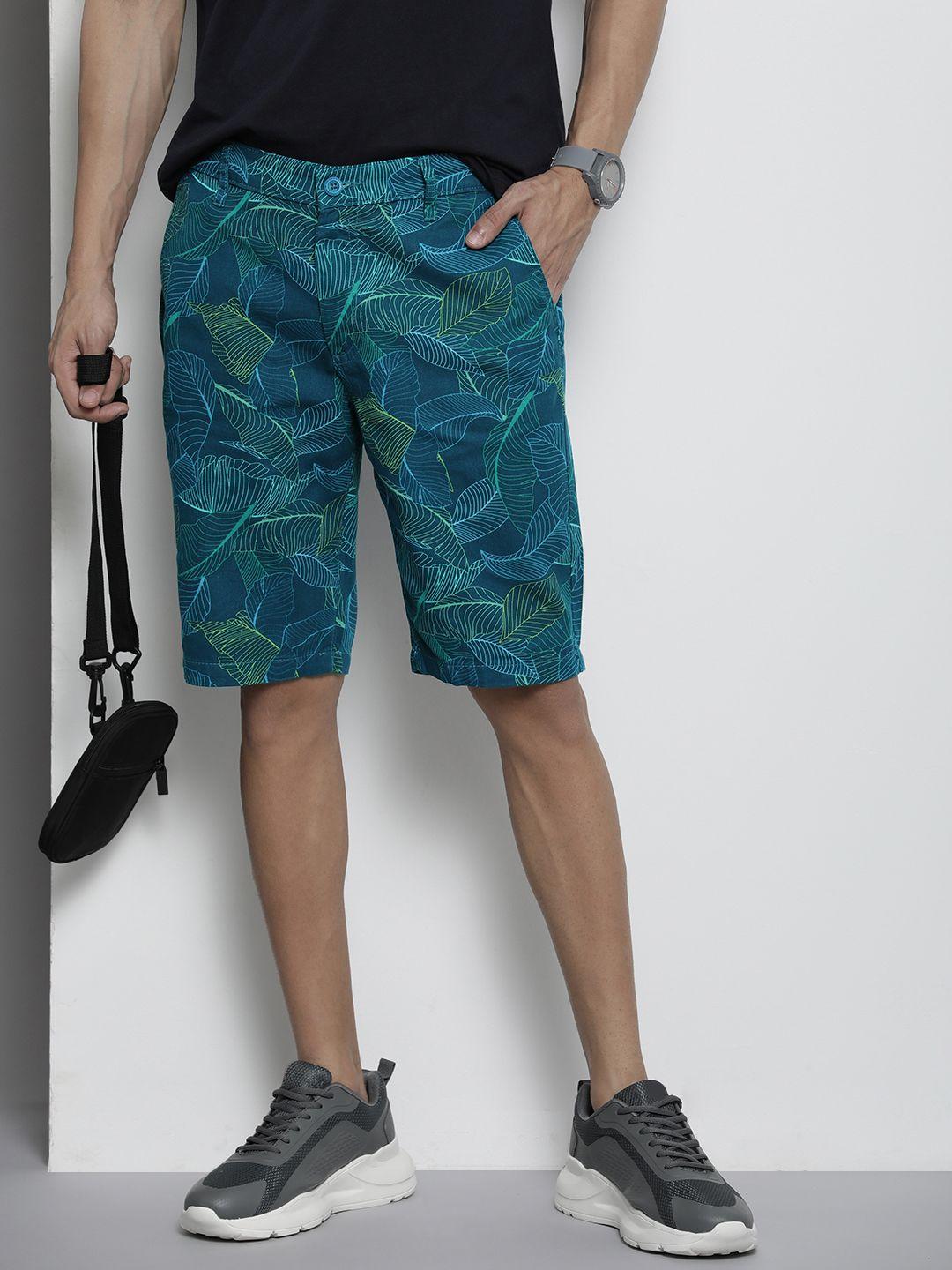 the indian garage co men teal blue & green printed slim fit shorts