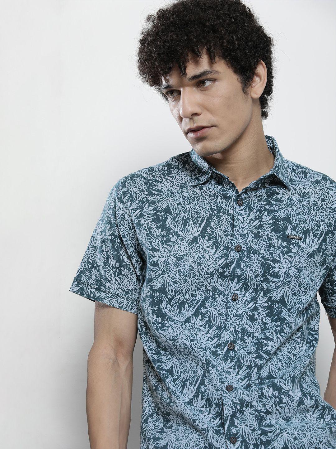 the indian garage co men teal floral printed cotton casual shirt