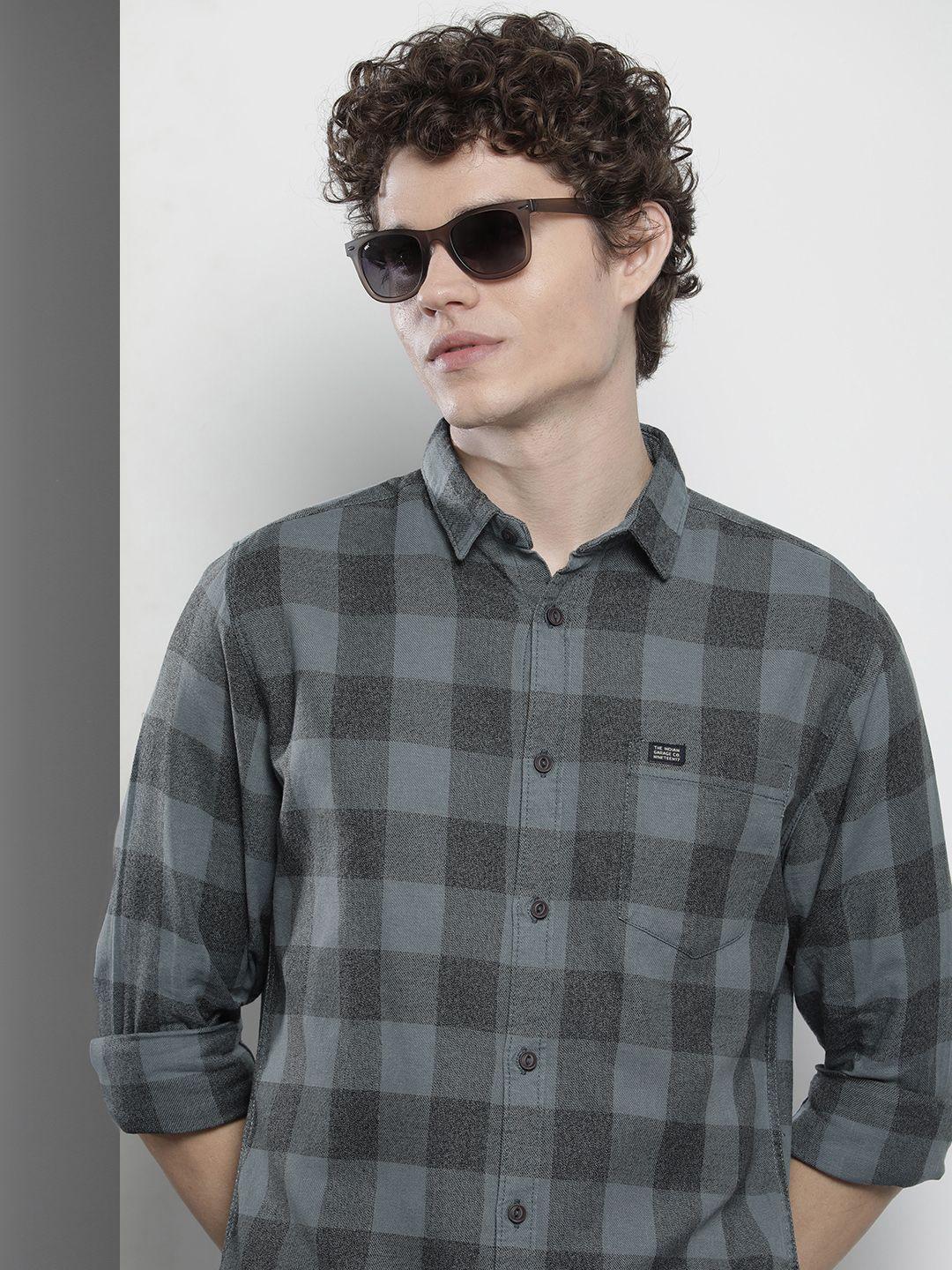 the indian garage co men teal green & charcoal grey cotton checked casual shirt