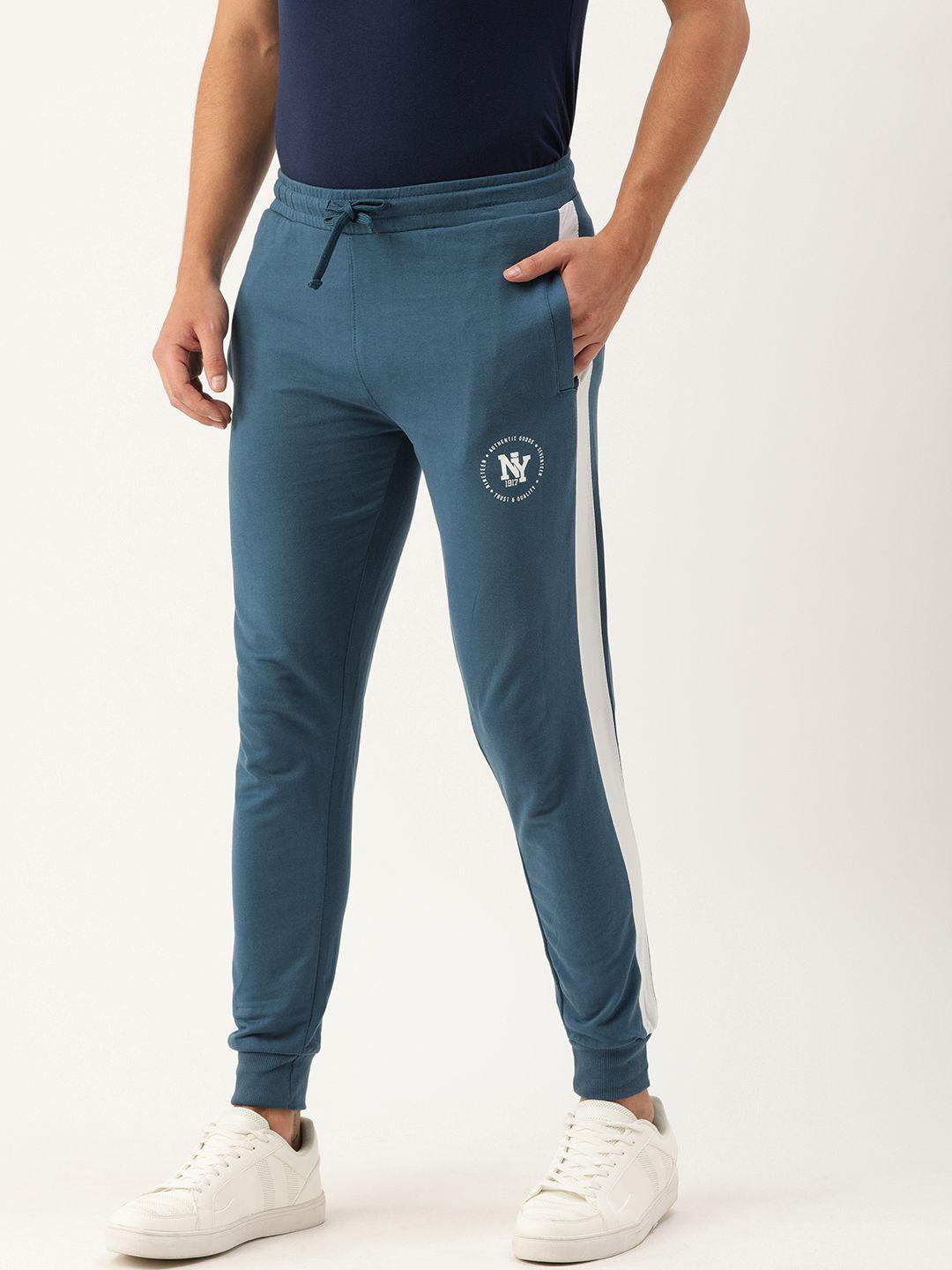 the indian garage co men teal solid slim fit  jogger with side strips