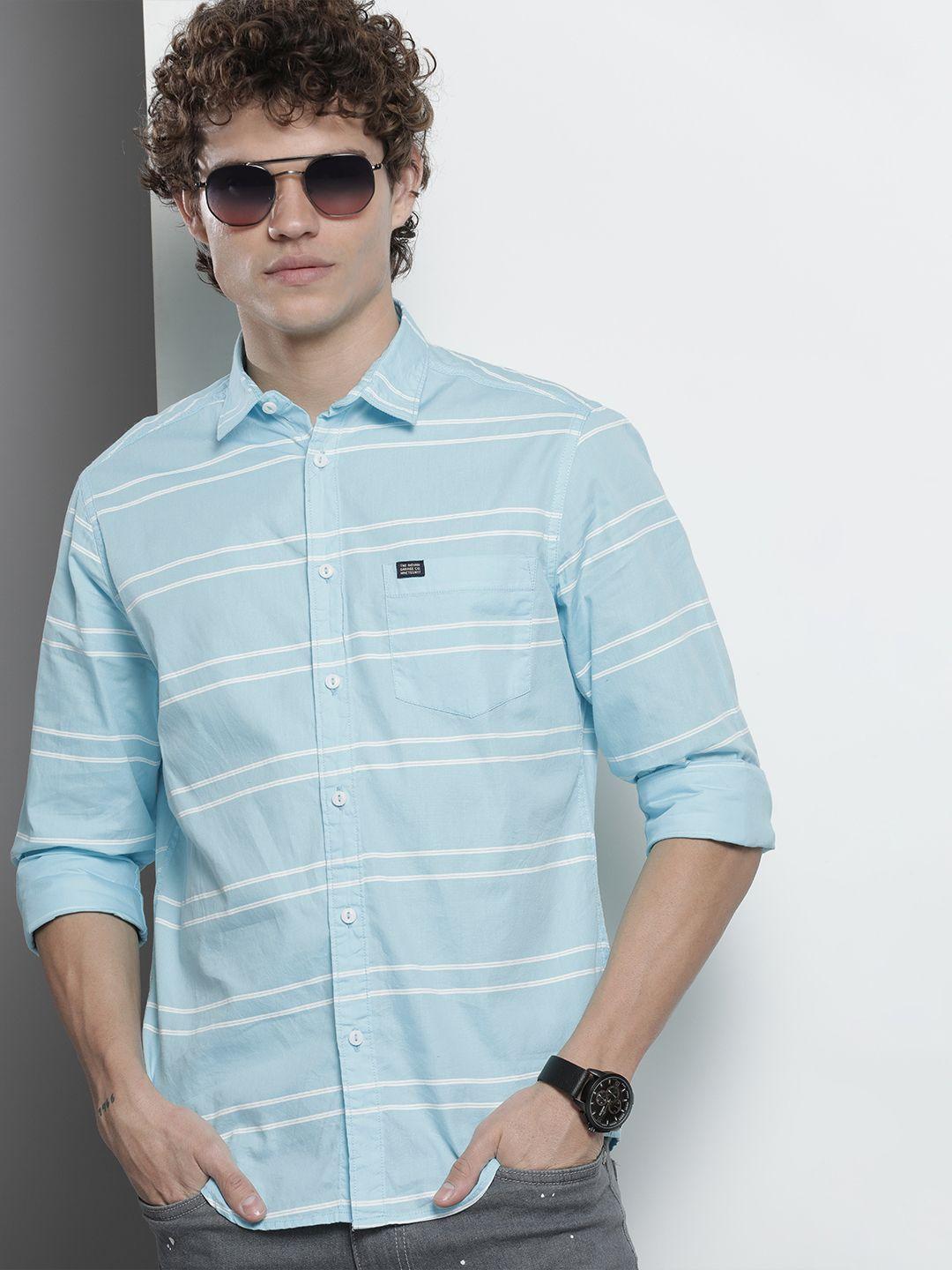 the indian garage co men turquoise blue horizontal striped casual shirt