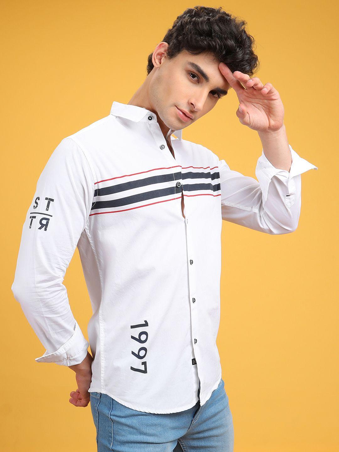 the indian garage co men white & black slim fit striped casual shirt