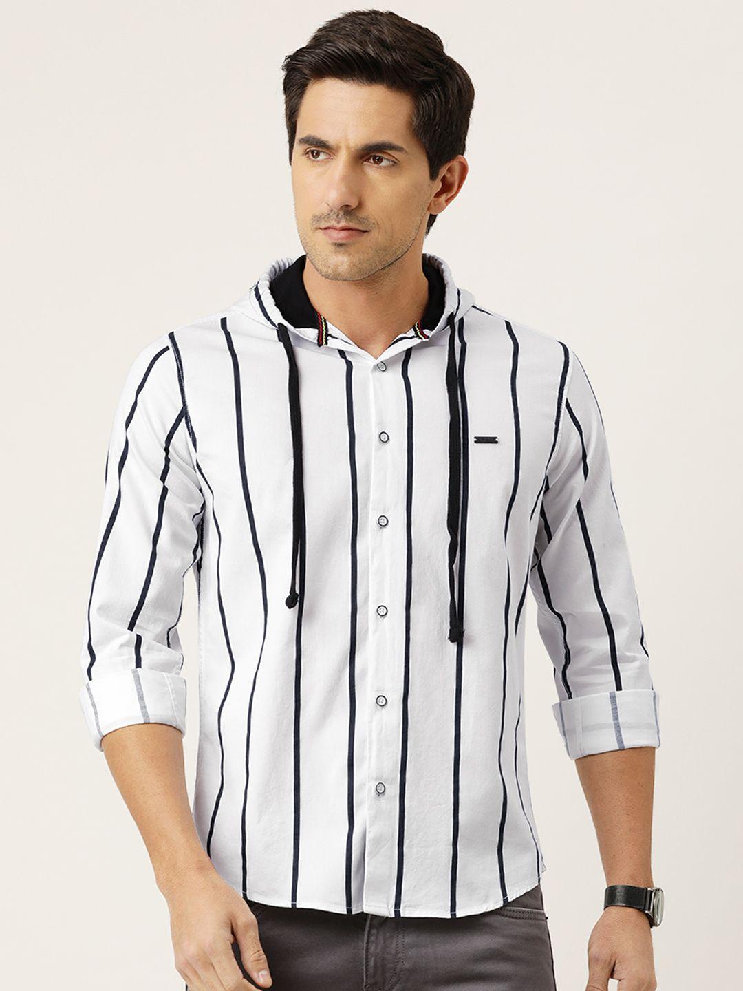 the indian garage co men white & black slim fit striped hooded casual shirt