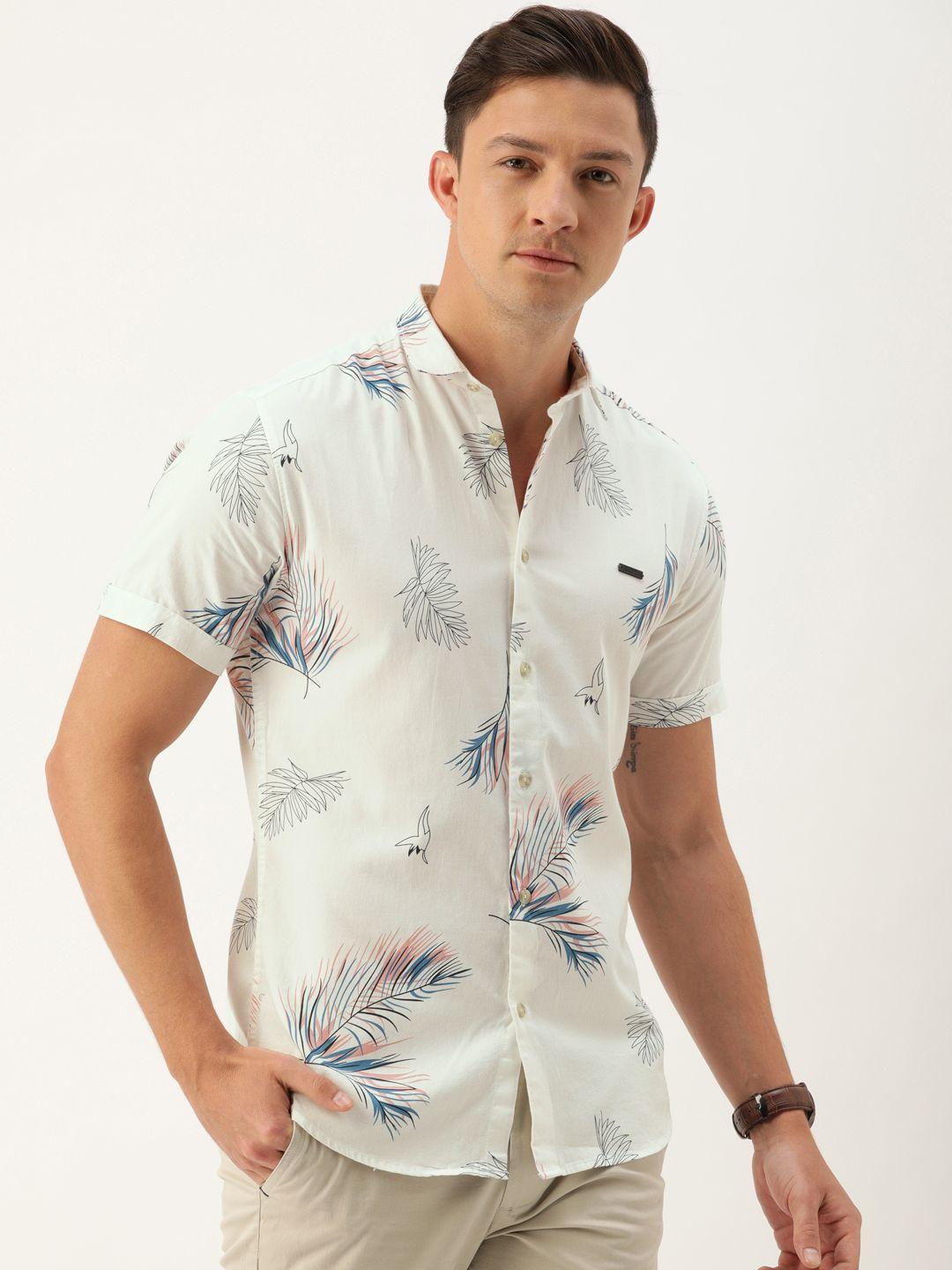 the indian garage co men white & blue slim fit printed casual shirt