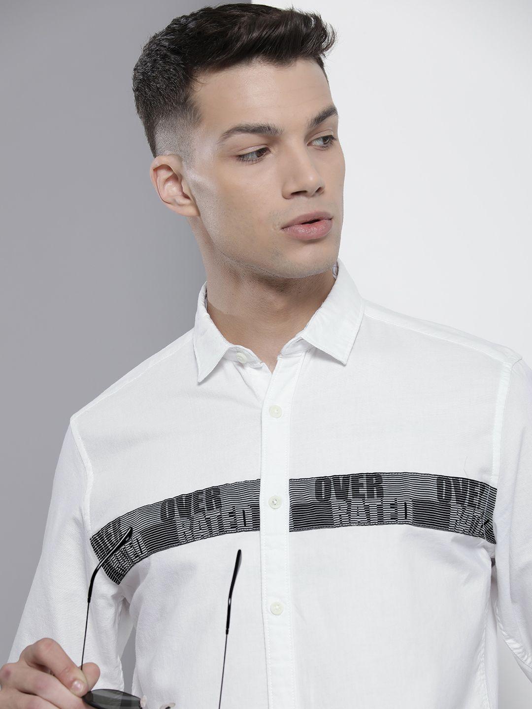 the indian garage co men white & charcoal grey printed cotton casual shirt