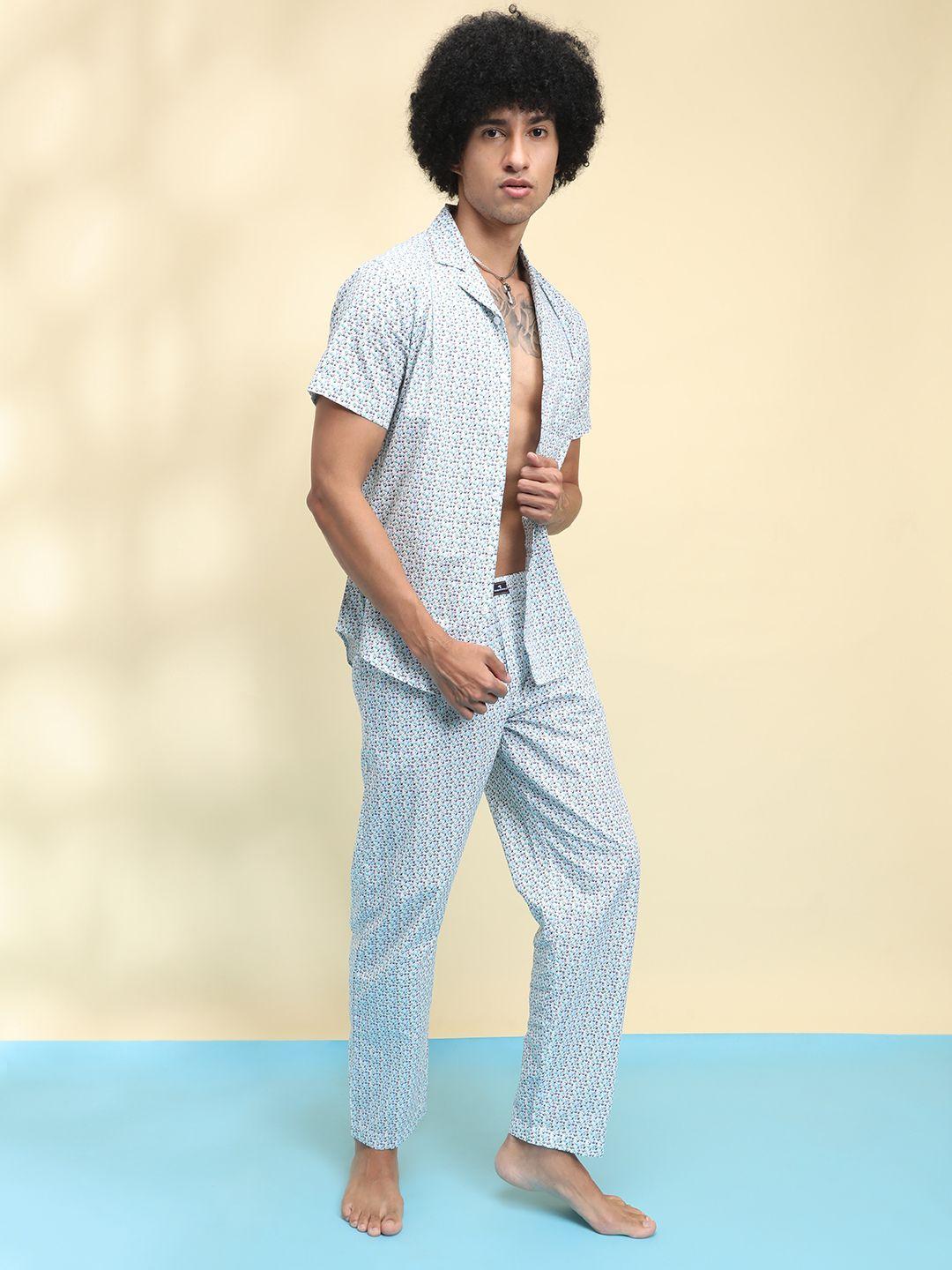 the indian garage co men white printed pure cotton night suit