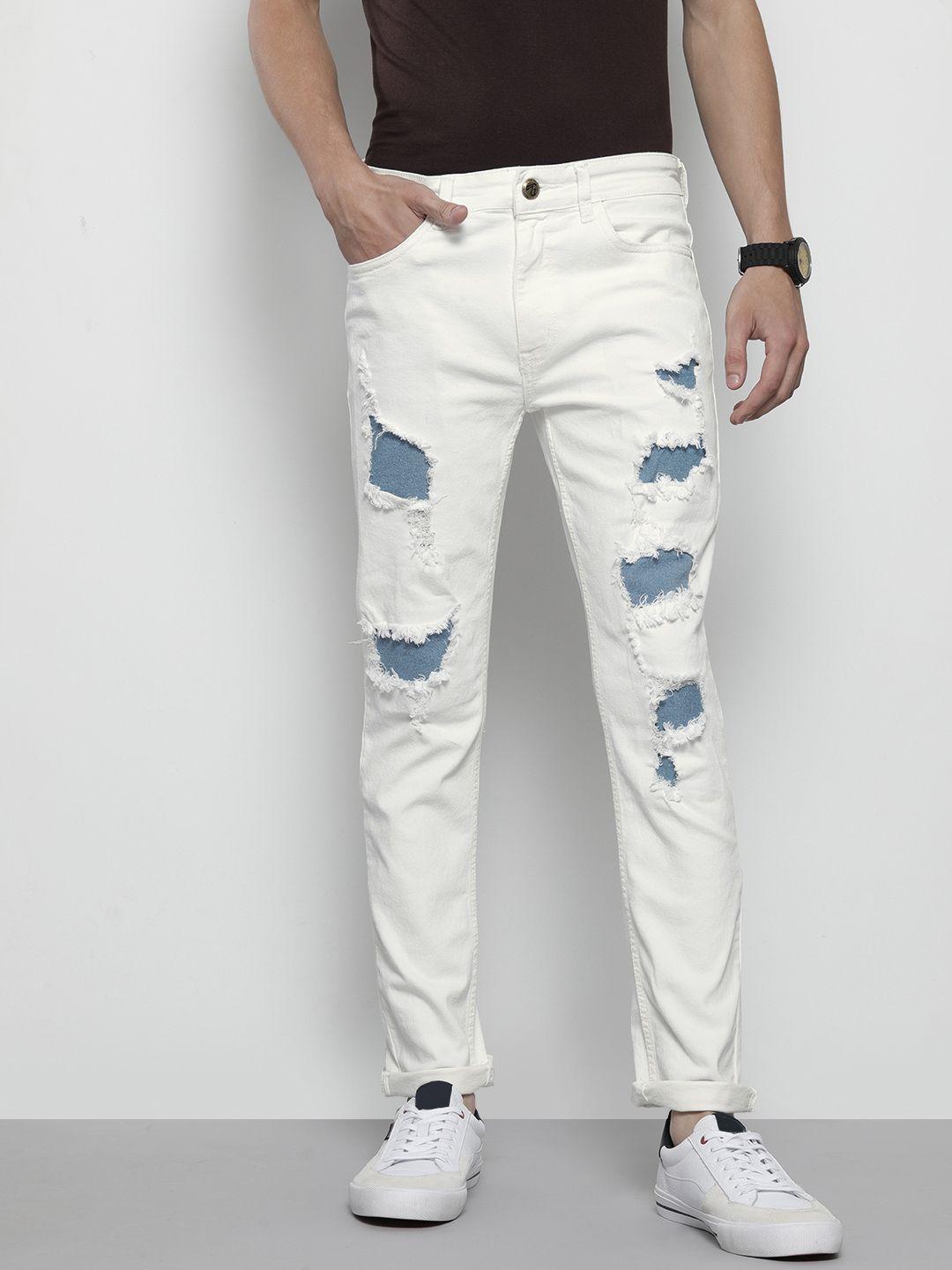 the indian garage co men white slim fit low distress applique jeans