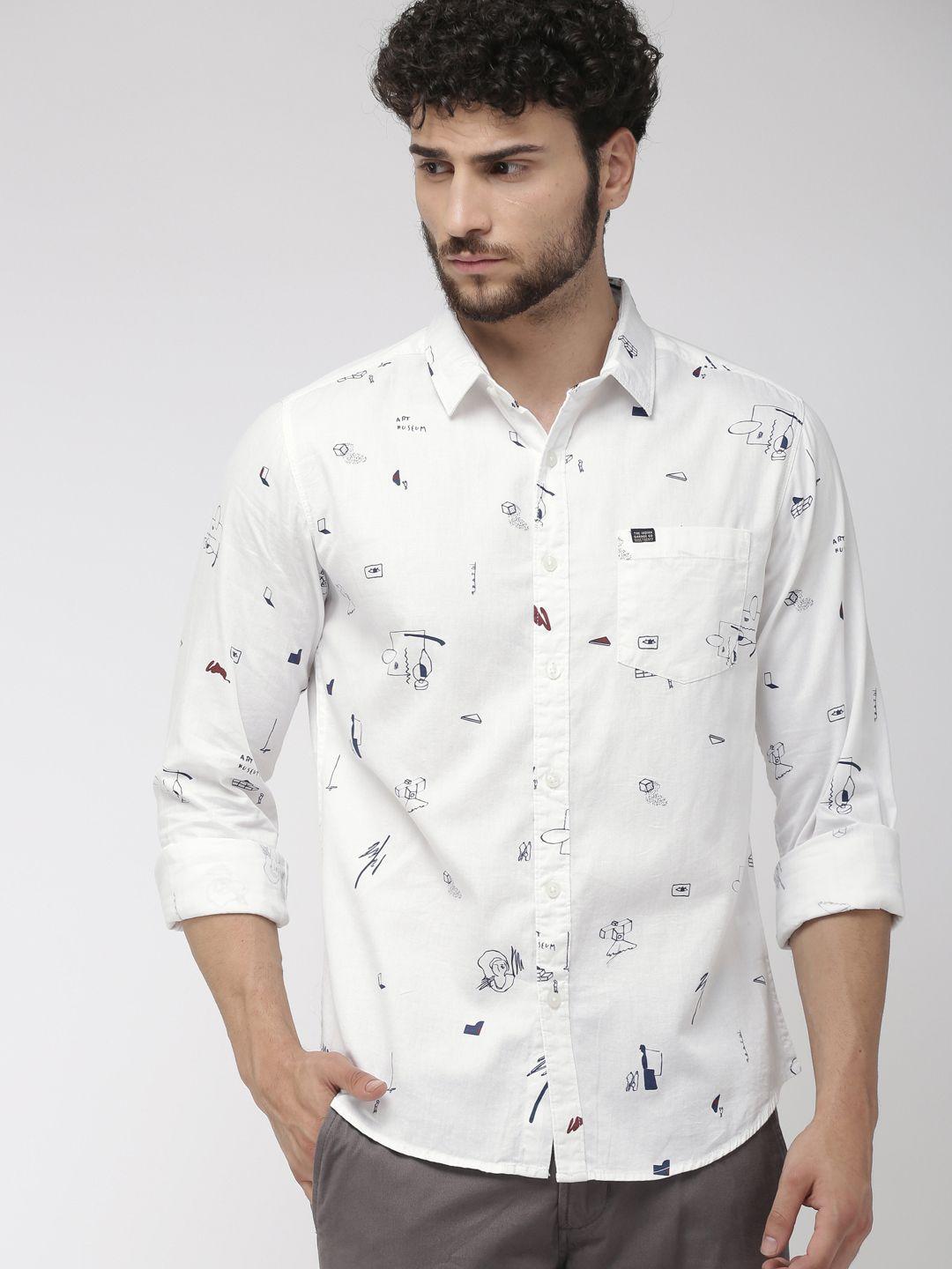 the indian garage co men white slim fit printed casual shirt