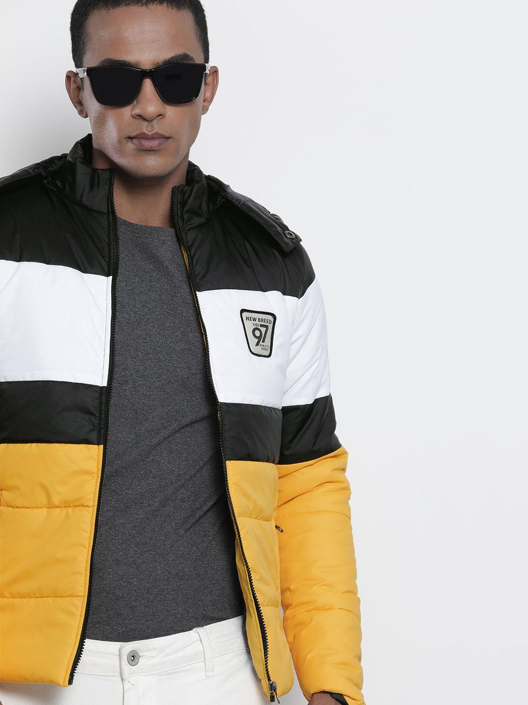 the indian garage co men yellow & black colourblocked padded jacket with detachable hood