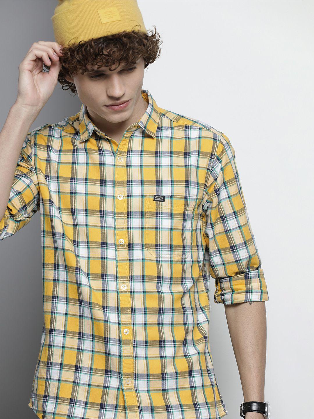 the indian garage co men yellow & white checked casual shirt