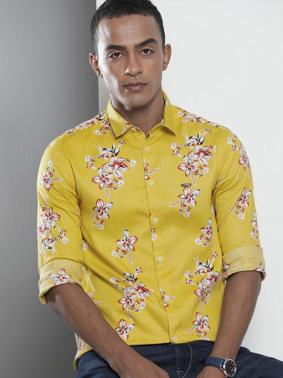 the indian garage co men yellow floral opaque printed casual shirt