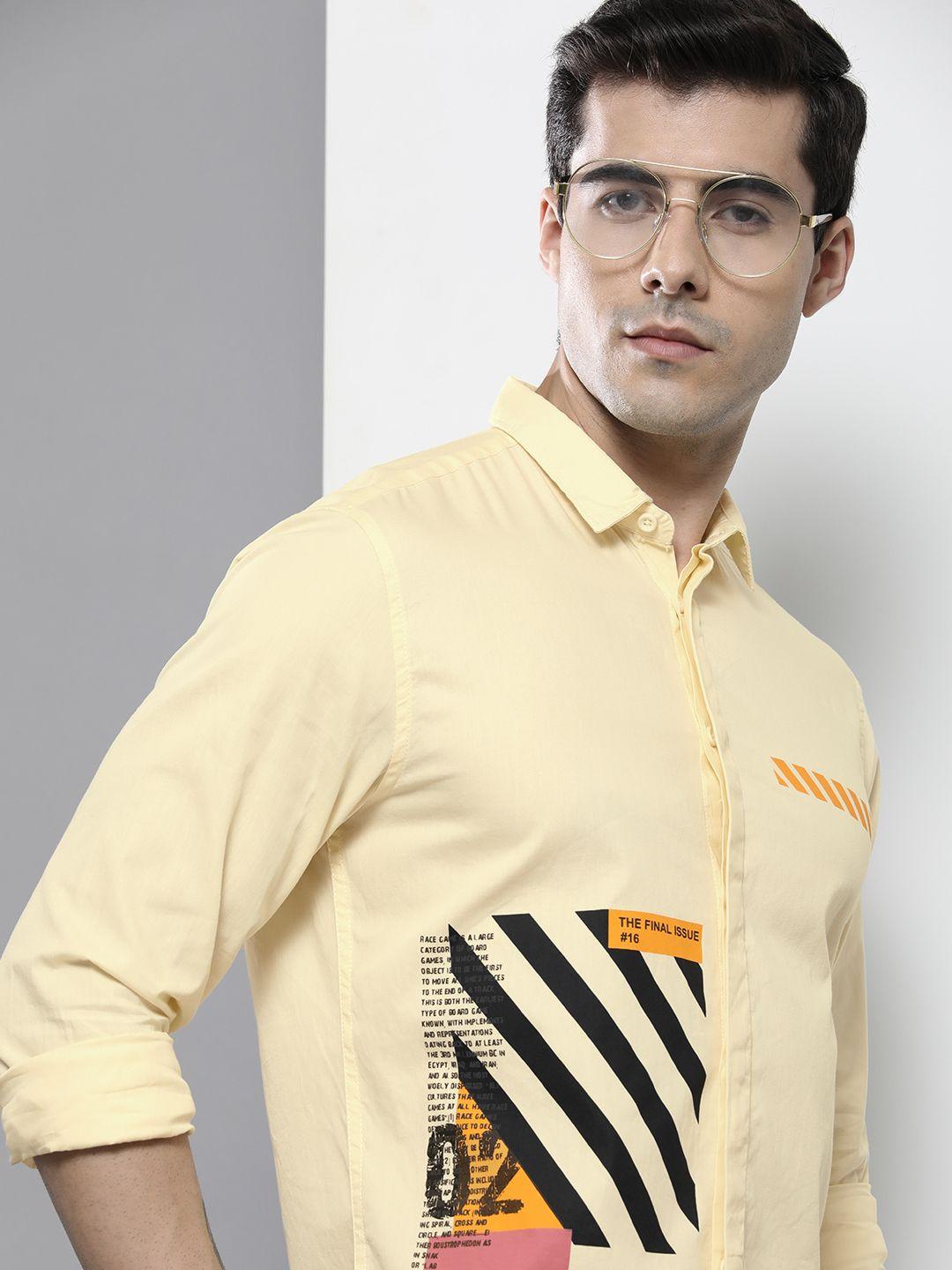 the indian garage co men yellow printed cotton casual shirt