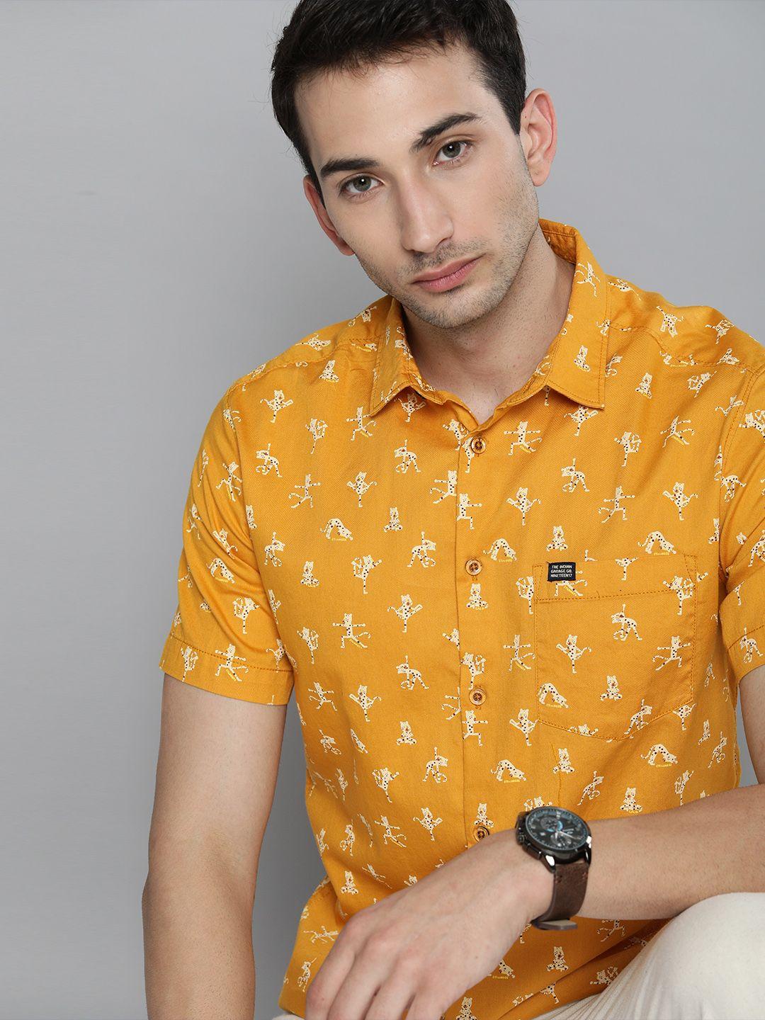 the indian garage co men yellow printed slim fit casual shirt