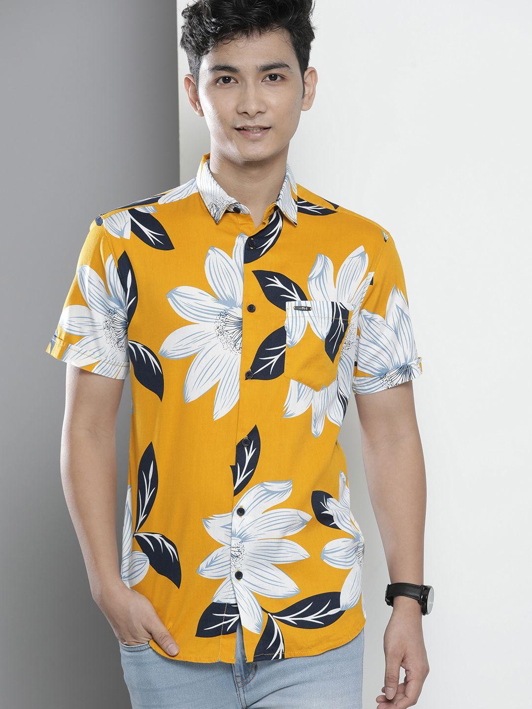 the indian garage co men yellow regular fit floral opaque printed casual shirt