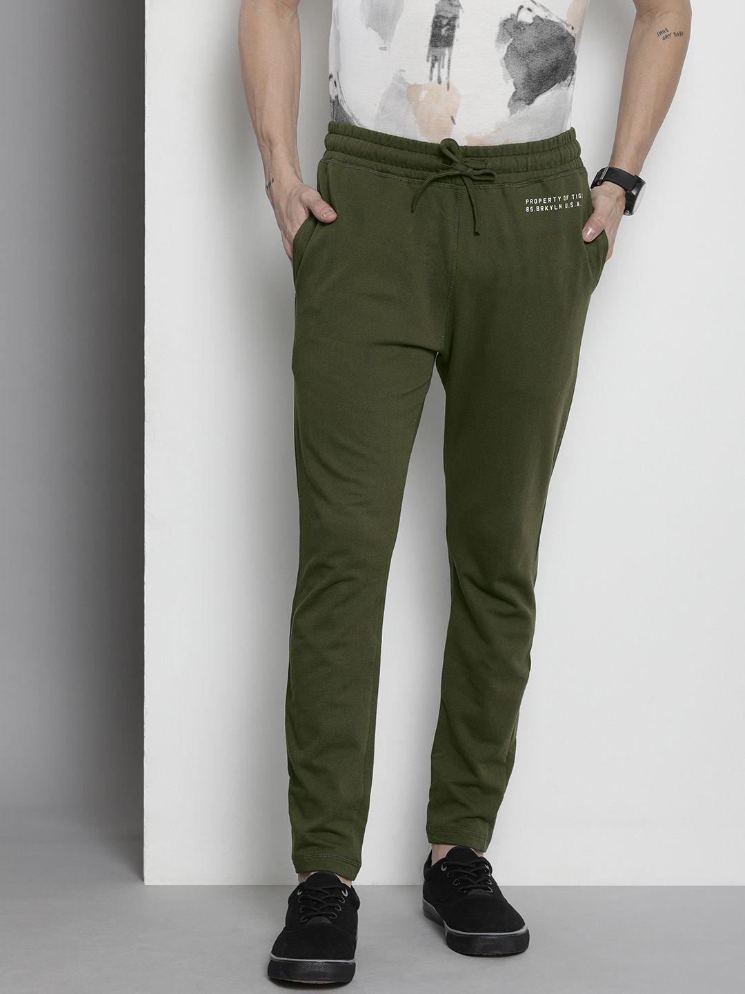the indian garage co olive green typography printed track pants