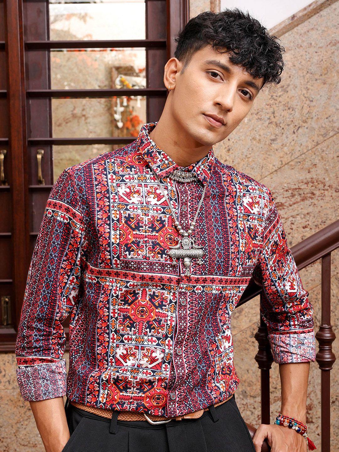 the indian garage co red slim fit ethnic printed pure cotton casual shirt