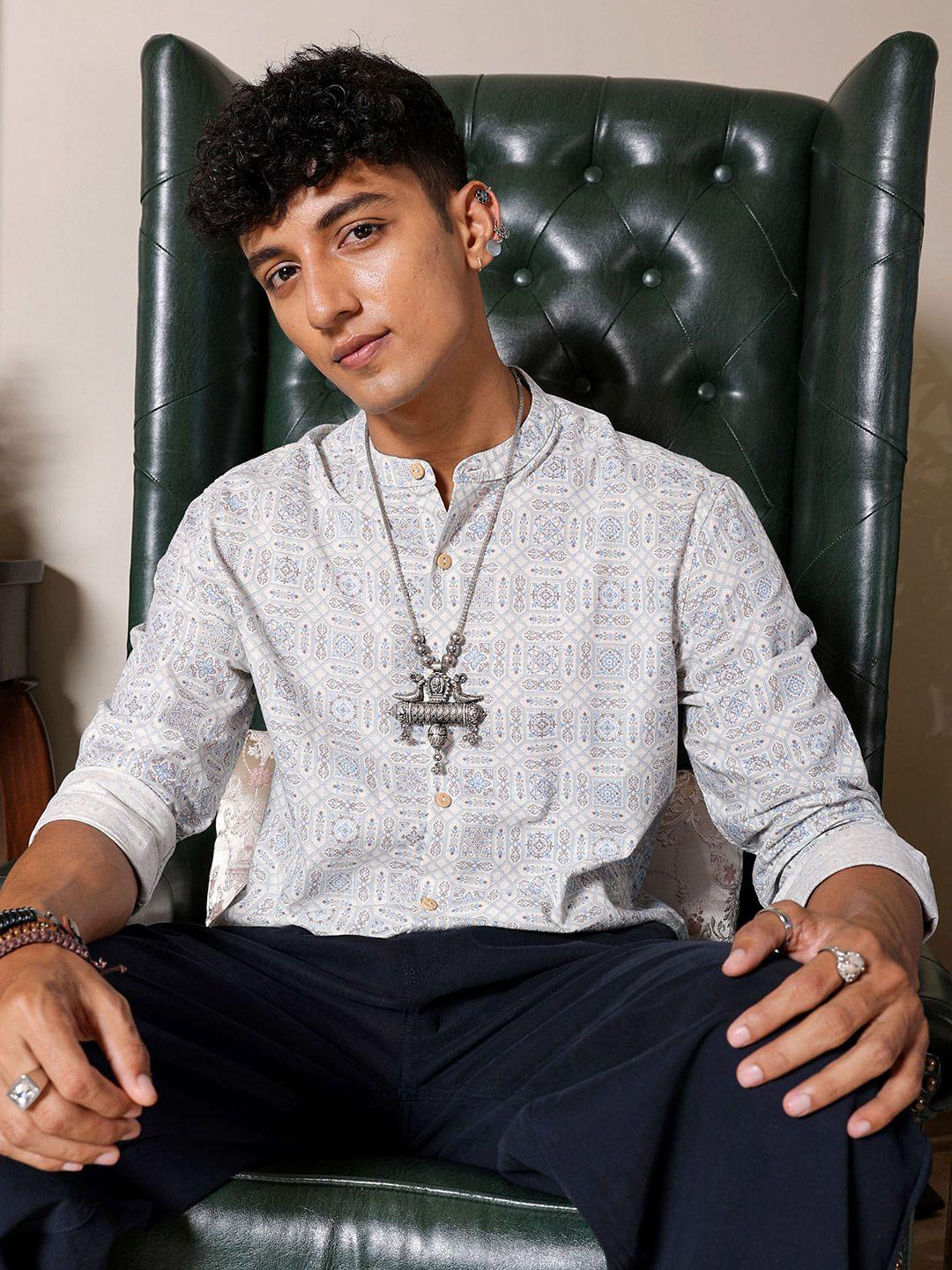 the indian garage co slim fit ethnic motifs printed mandarin collar cotton casual shirt